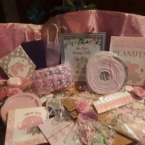 Pink, elephants, it's a girl baby shower in a box